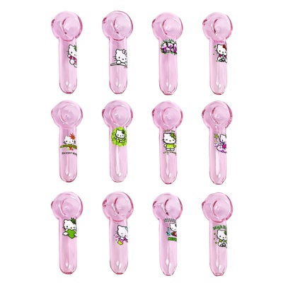 Doze cachimbos de vidro rosa com ilustrações de personagens tipo Hello Kitty