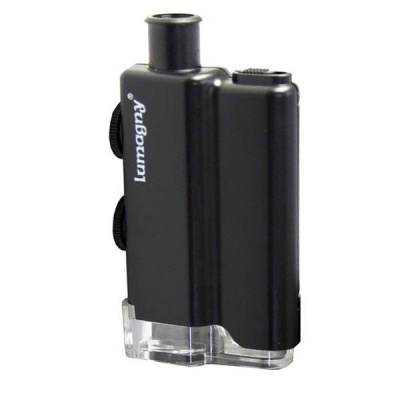 Microscópio portátil preto com base transparente e marca Lumagny