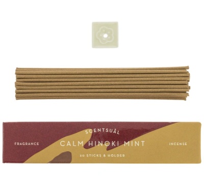 Conjunto de incenso SCENTSUAL CALM HINOKI MINT com 30 varetas e suporte cerâmico branco