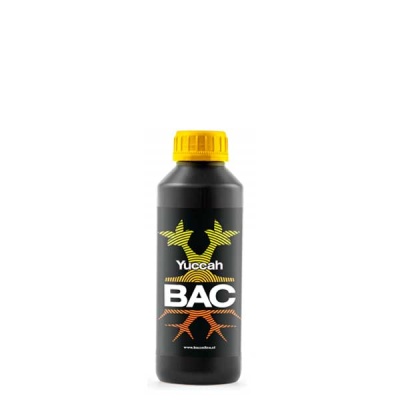 Frasco preto com tampa amarela e rótulo Yuccah BAC