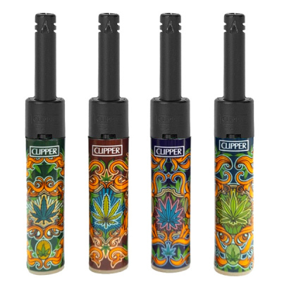 Isqueiros Clipper com desenhos coloridos e folhas de cannabis
