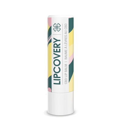 Bálsamo labial LIPCOVERY com rótulo colorido e texto em branco