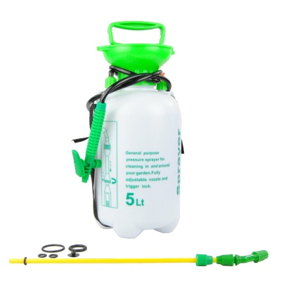 Pulverizador de pressão branco e verde com tubo amarelo e anéis de vedação.
