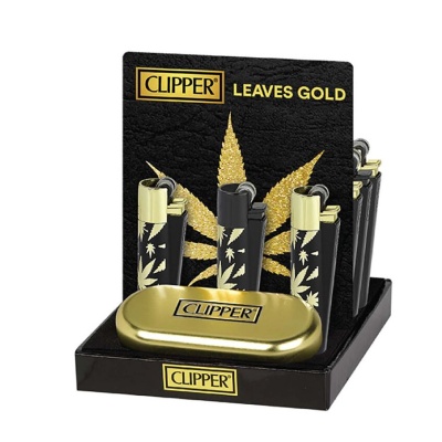 Expositor com isqueiros Clipper com design de folhas douradas e caixa metálica dourada