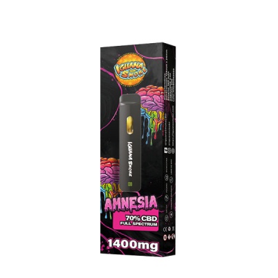 Embalagem preta colorida com vaporizador Iguana Smoke e texto Amnesia 70% CBD 1400mg
