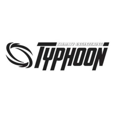 Logótipo preto e branco com texto TYPHOON e símbolo circular