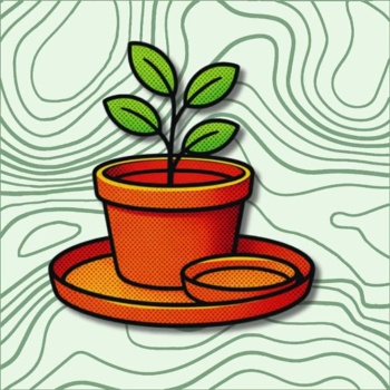 Imagem animada de vaso com planta num prato largo e pequeno prato ao lado
