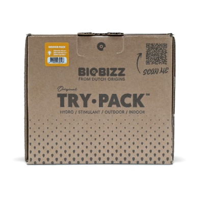 Caixa de cartão com texto BIOBIZZ TRY•PACK e código QR