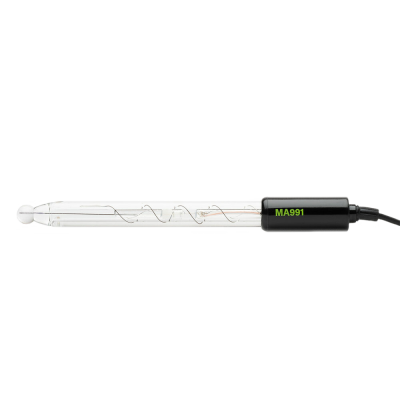 Lâmpada tubular de vidro transparente com base preta e código MA991