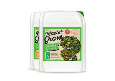 Recipientes de plástico para fertilizante Master Grow com rótulos e ilustração verde