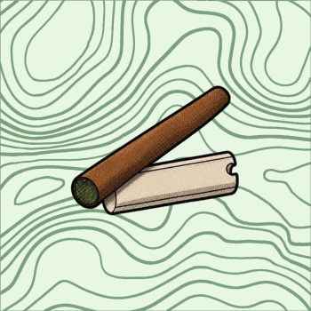 Ilustração de charuto e recipiente sobre fundo com linhas onduladas verdes