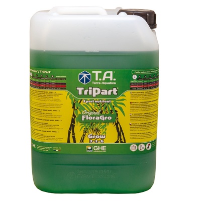 Recipiente plástico com fertilizante líquido verde e rótulo amarelo e verde T.A. Terra Aquatica TriPart