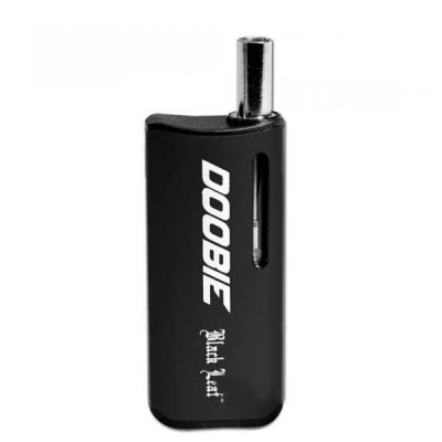 Vaporizador portátil preto com texto branco e boquilha metálica