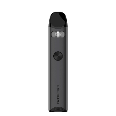 Dispositivo eletrónico preto para vaping com mostrador digital e botão circular