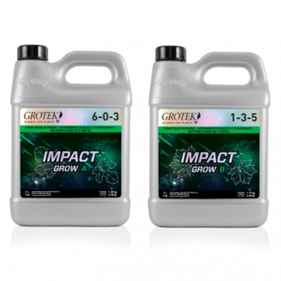 Dois frascos plásticos cinzentos com tampa preta de fertilizante Grotek Impact Grow A e B.
