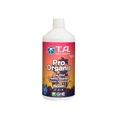 Frasco branco de fertilizante líquido orgânico T.A. Pro Organic Bloom