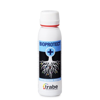 Frasco branco de plástico com rótulo azul e preto BIOPROTECTP