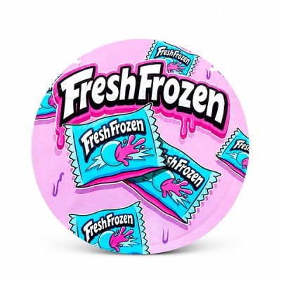 Embalagem redonda rosa com texto Fresh Frozen e ilustrações em azul e rosa