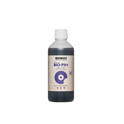 Frasco plástico com líquido escuro e rótulo com texto BIOBIZZ BIO-PH+