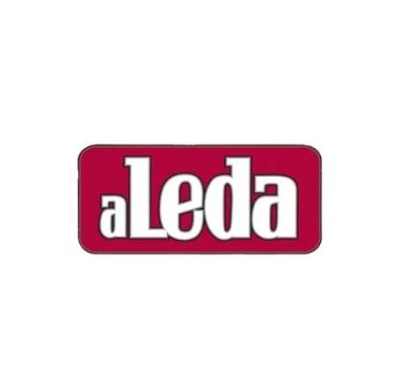 Logotipo com fundo vermelho e texto branco aLeda