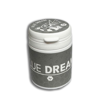 Embalagem cilíndrica cinza e branco com texto BLUE DREAM e 3gr