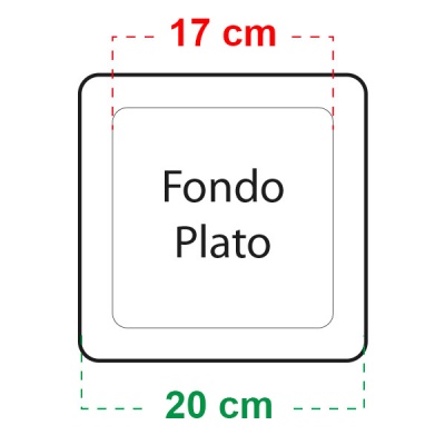 Prato quadrado branco com medidas 20 cm x 17 cm e texto Fondo Plato