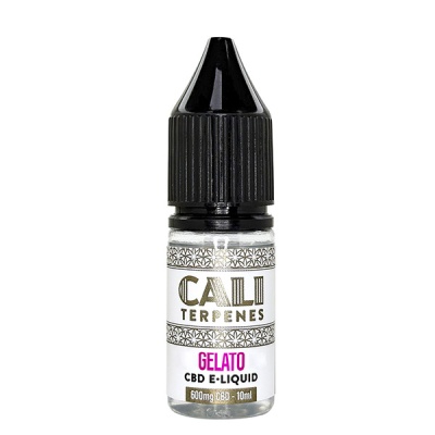 Frasco pequeno de líquido CBD com rótulo CALI TERPENES GELATO CBD E-LIQUID