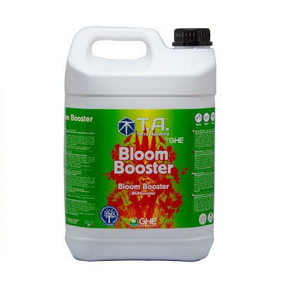 Recipiente branco de 5 litros com rótulo verde e texto Bloom Booster