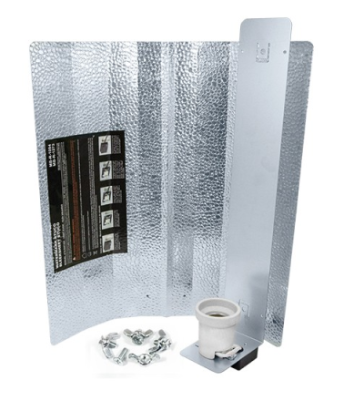 Refletor de luz metálico prateado com suporte branco e parafusos