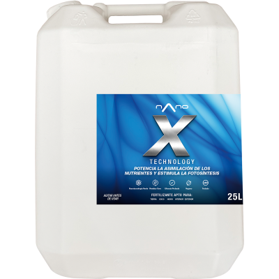 Bidão branco de 25 litros com etiqueta azul e preta de fertilizante Nano X Technology