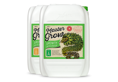 Duas embalagens brancas Master Grow Growth Accelerator PART A e PART B com desenhos verdes