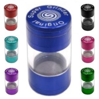 Trituradores cilíndricos coloridos com malha metálica e texto Super Grinder Original na tampa