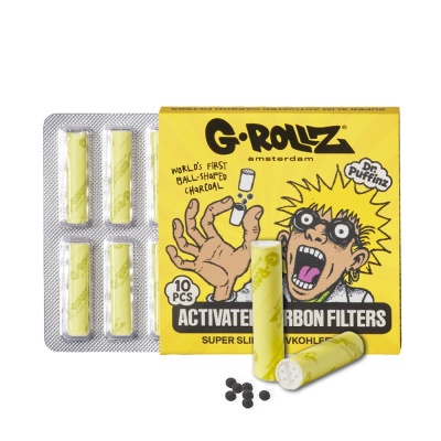 Filtros de carvão ativado G-Rollz em caixa amarela com ilustração e filtros soltos
