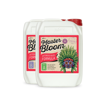 Dois frascos brancos de plástico com rótulo Master Bloom e tampa vermelha