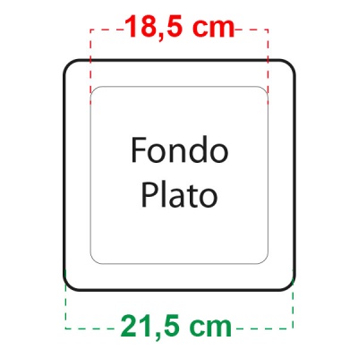 Desenho de prato quadrado branco com medidas e texto Fondo Plato no centro