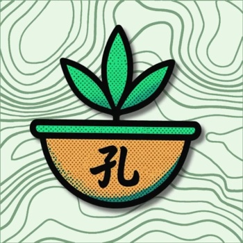 Ilustração animada de vaso com folhas verdes e caractere chinês