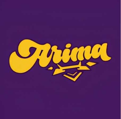 Logotipo amarelo Arima em fonte cursiva sobre fundo roxo