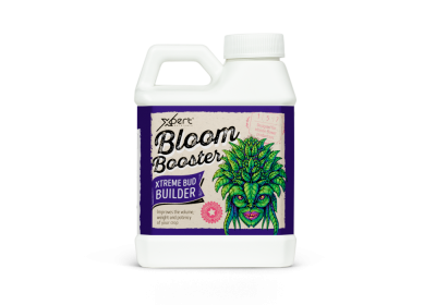 Frasco plástico branco com rótulo roxo e bege Bloom Booster