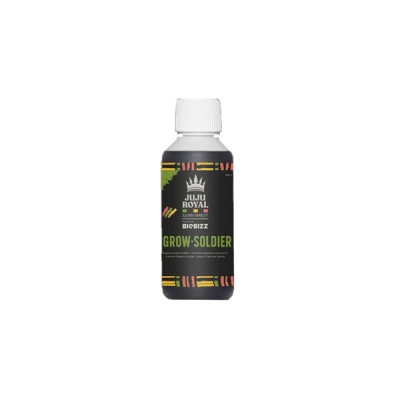 Frasco preto com tampa branca e rótulo Grow Soldier JUJU ROYAL.