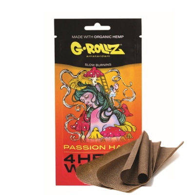 Pacote de papel para enrolar G-ROLLZ com ilustração colorida e folhas marrom dobradas