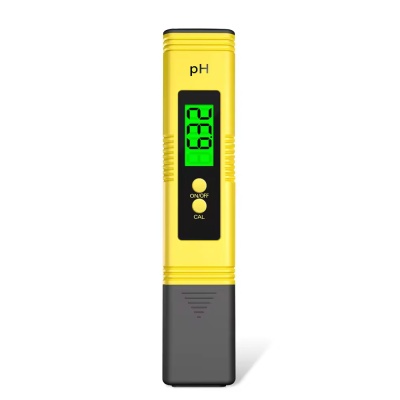 Medidor de pH digital amarelo com visor e botões