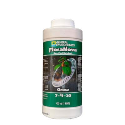 Frasco plástico branco FloraNova General Hydroponics com rótulo verde e planta.