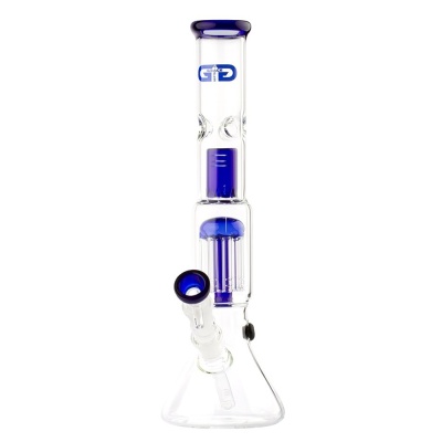 Bong de vidro transparente com detalhes azuis e logotipo GRACE GLASS