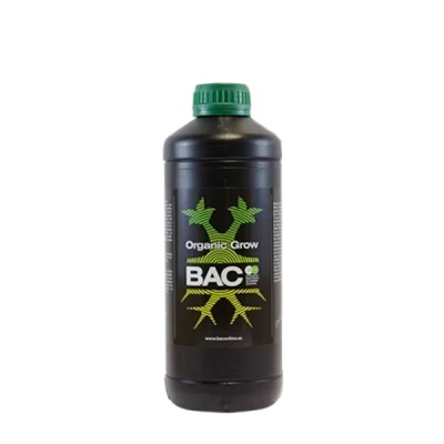 Frasco preto com tampa verde e etiqueta BAC Organic Grow