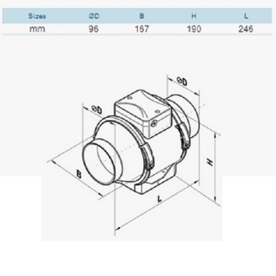 Desenho técnico com medidas de dispositivo cilíndrico com tampa quadrada e duas abraçadeiras
