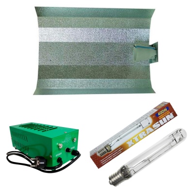 Kit de iluminação para cultivo com refletor metálico, queimador verde e lâmpada XTRASUN 400W.