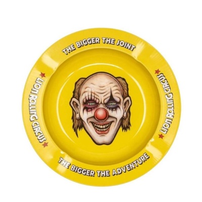 Cinzeiro amarelo com palhaço e texto em branco LION ROLLING CIRCUS