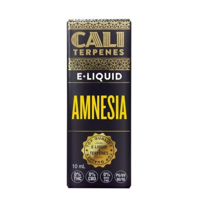 Embalagem preta de e-líquido Cali Terpenes Amnesia com texto em amarelo e dourado.