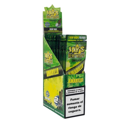 Expositor verde de Jays Hemp Wraps Enhanced Amarillo com pacotes e aviso de saúde em espanhol