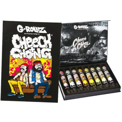 Conjunto de tubos G-Rollz Cheech Chong com ilustração colorida e caixa preta aberta